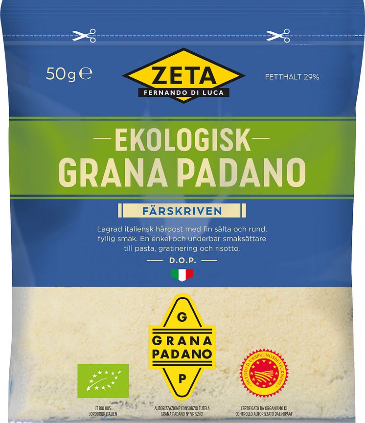 Zeta Grana Padano ekologisk riven produktbild