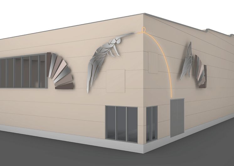 Visualiseringsbild av Fjädern, Hoppet och Svävaren av Maria Andersson på norra fasaden