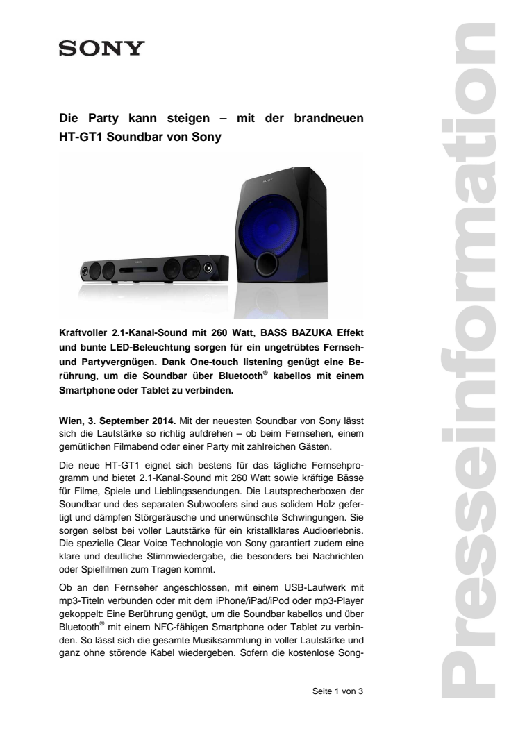 Pressemitteilung "Die Party kann steigen – mit der brandneuen HT-GT1 Soundbar von Sony"