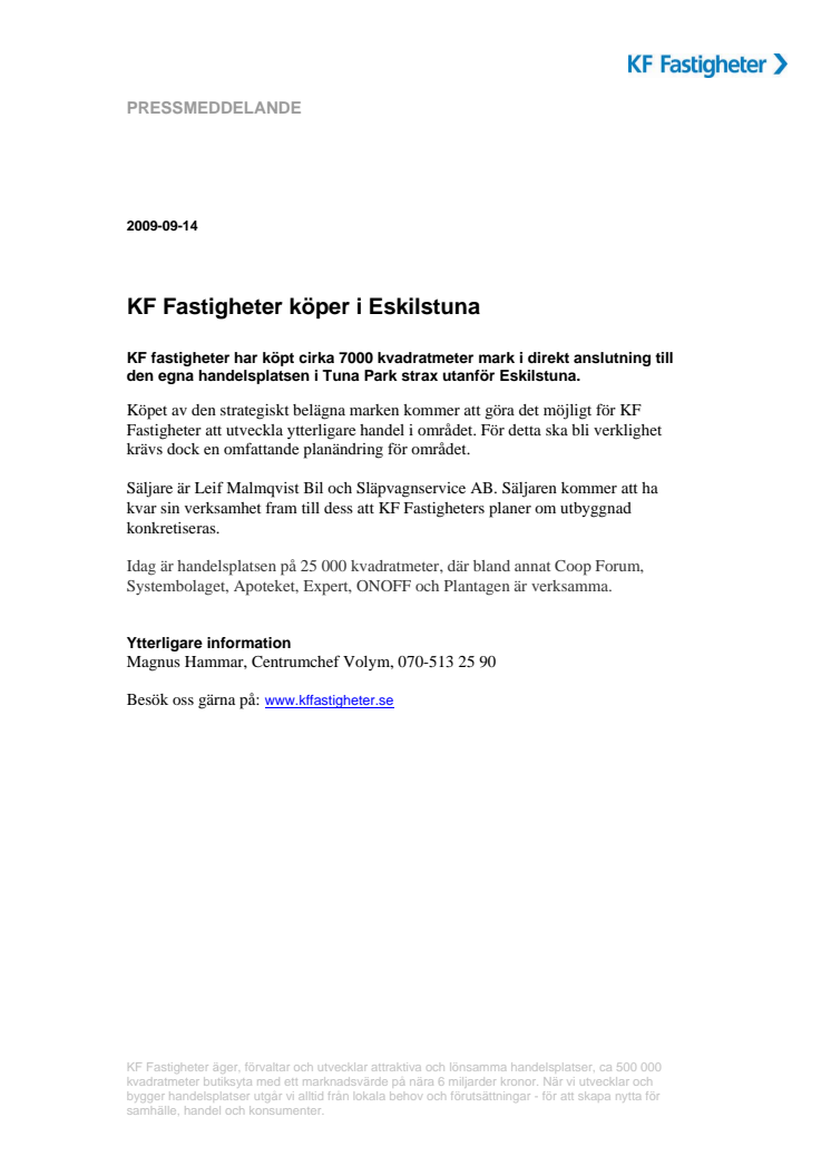 KF Fastigheter köper i Eskilstuna