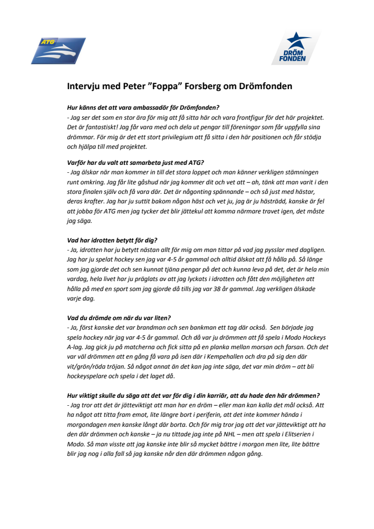 ATG Drömfonden - intervju Peter Forsberg