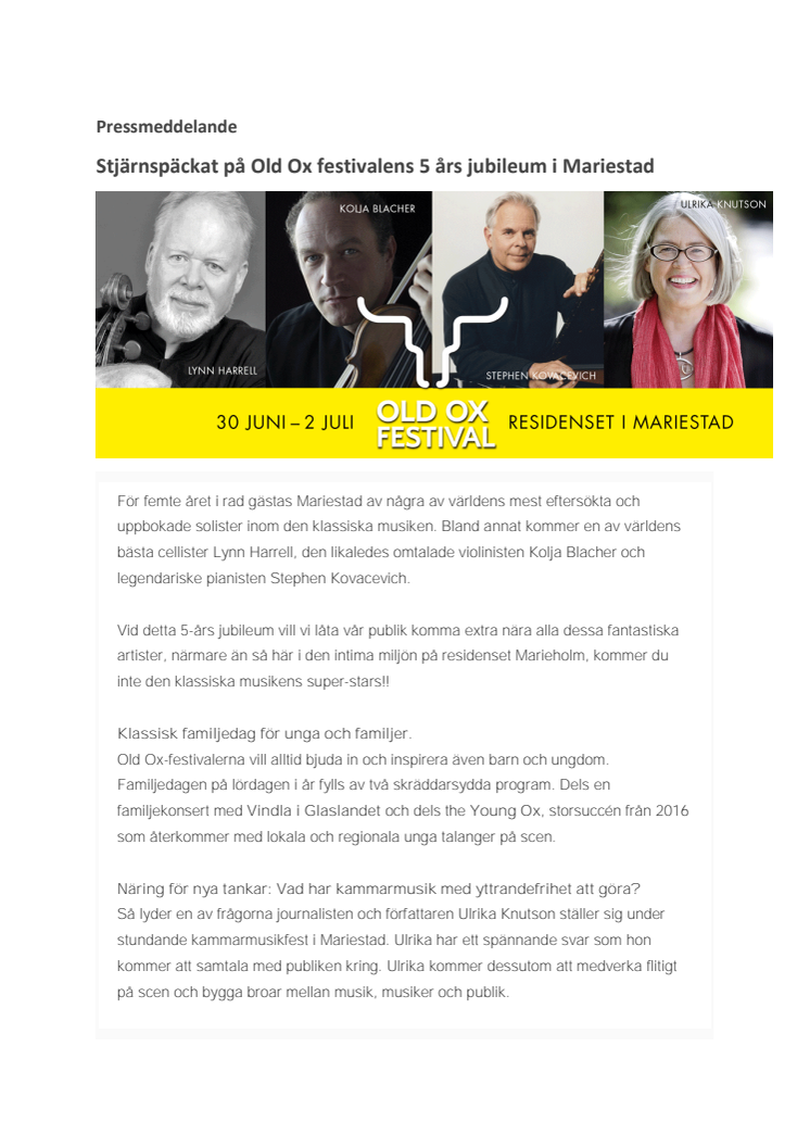 Stjärnspäckat på Old Ox festivalens  5 års jubileum i Mariestad