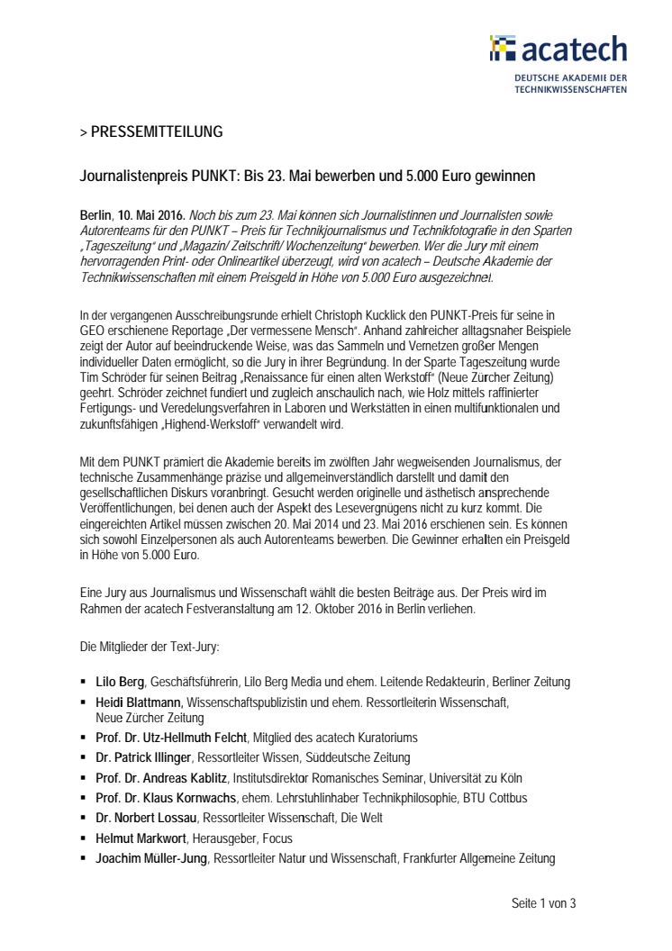 Journalistenpreis PUNKT: Bis 23. Mai bewerben und 5.000 Euro gewinnen
