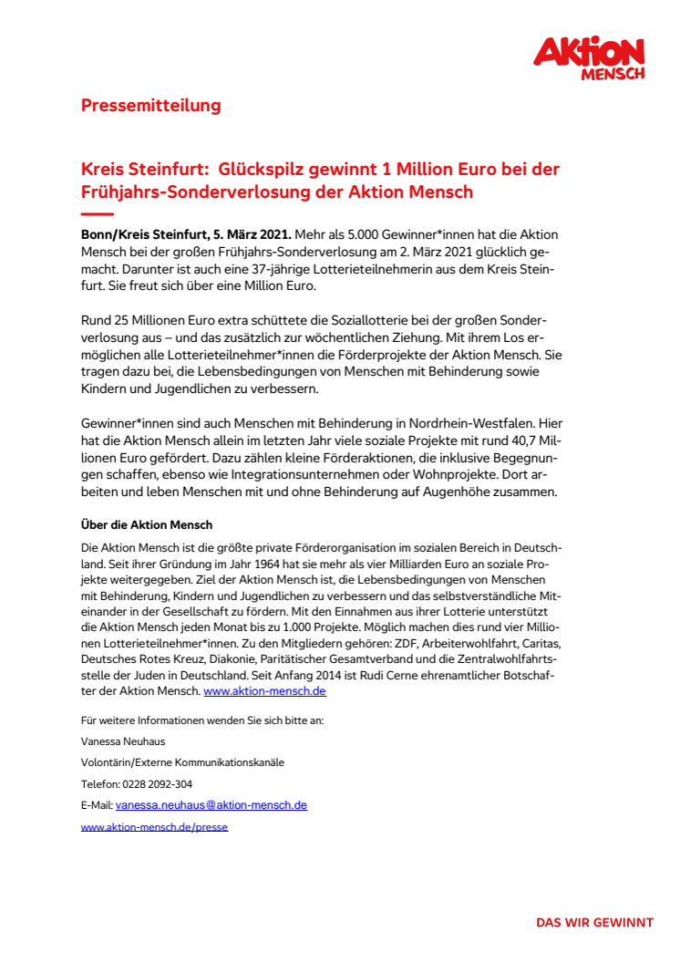 Kreis Steinfurt:  Glückspilz gewinnt 1 Million Euro bei der Frühjahrs-Sonderverlosung der Aktion Mensch