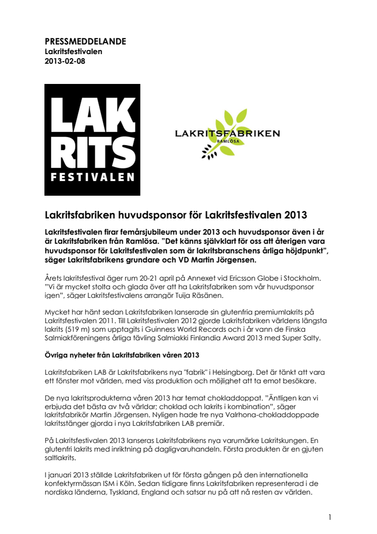 Lakritsfabriken huvudsponsor för Lakritsfestivalen 2013