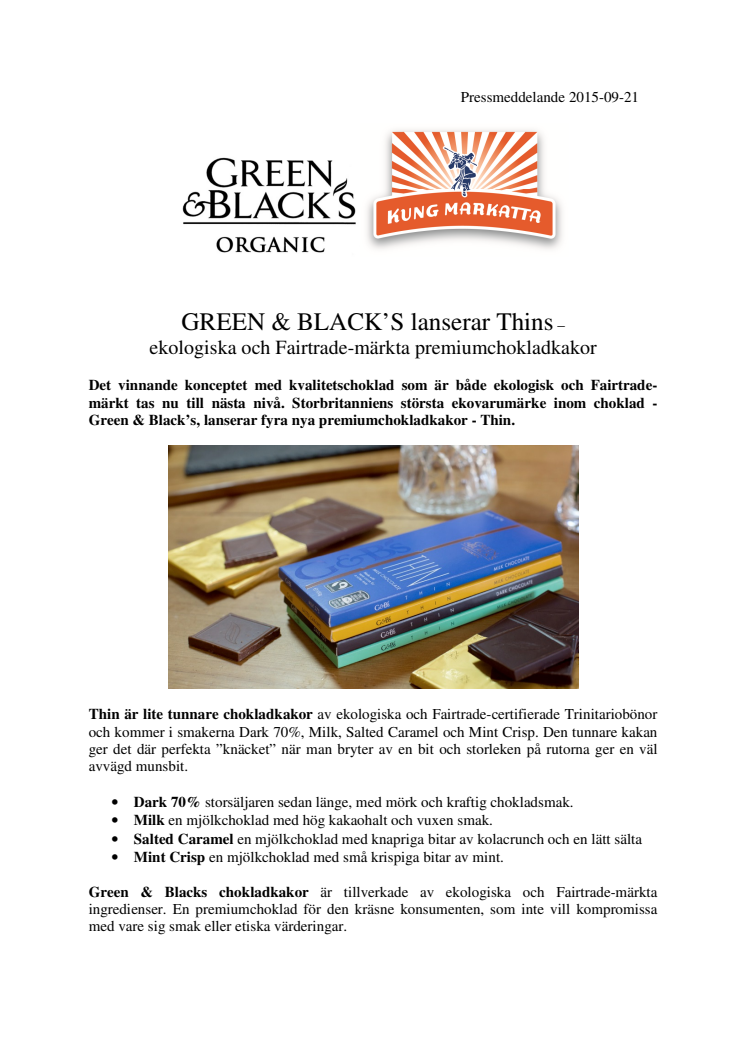 GREEN & BLACK’S lanserar Thins – ekologiska och Fairtrade-märkta premiumchokladkakor