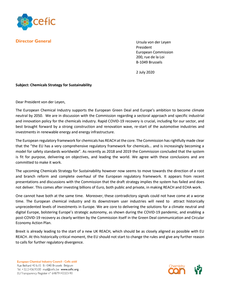 Joint letter to European Commission President on the Chemicals Strategy for Sustainability