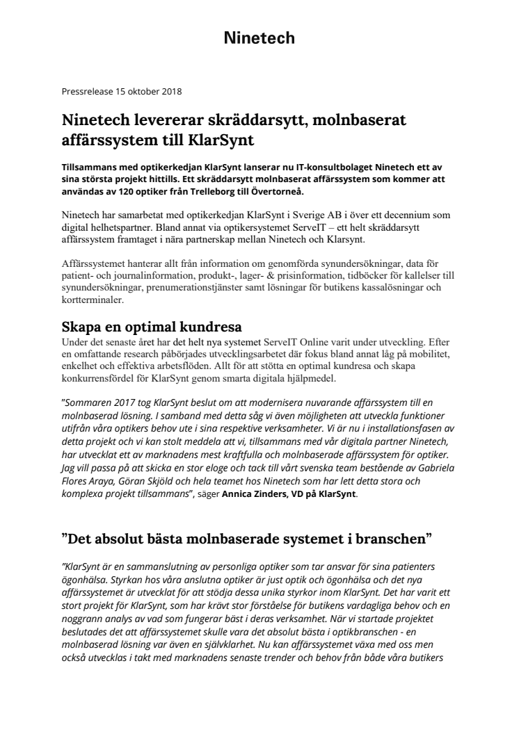 Ninetech levererar skräddarsytt, molnbaserat affärssystem till KlarSynt