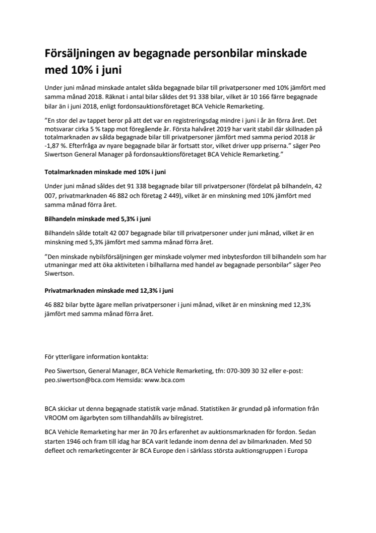 Försäljningen av begagnade personbilar minskade med 10% i juni