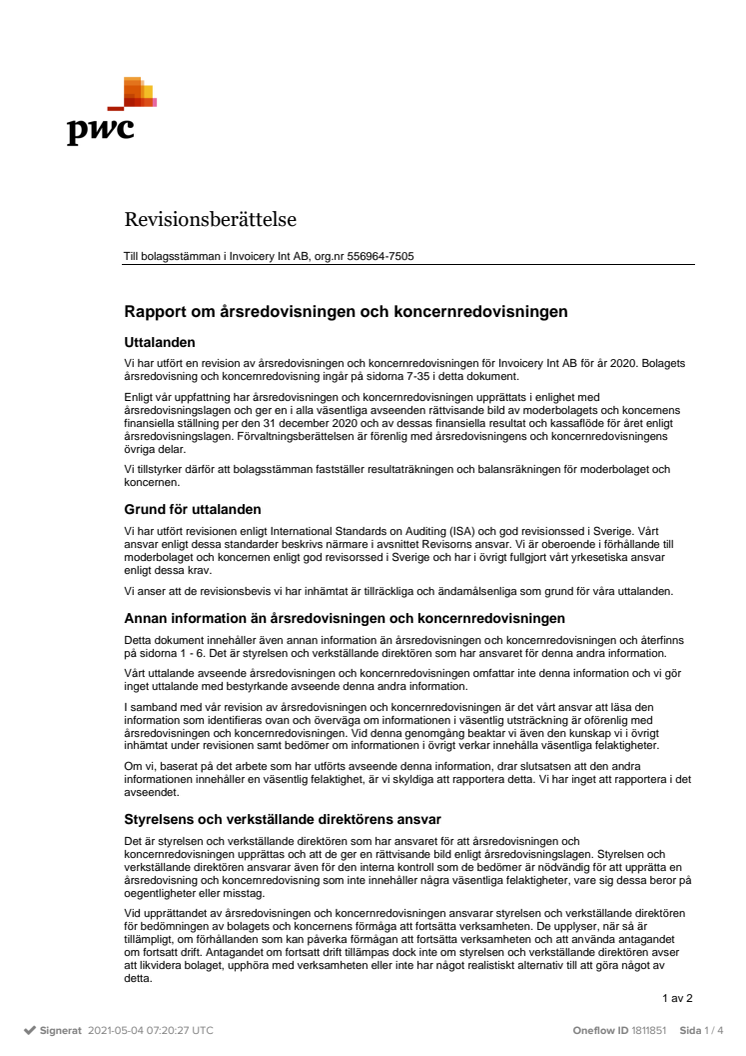 Revisionsberättelse Invoicery Int AB 2020