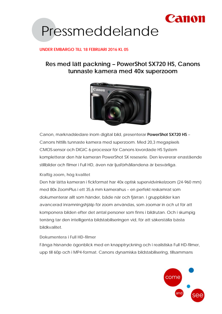 Res med lätt packning – PowerShot SX720 HS, Canons tunnaste kamera med 40x superzoom