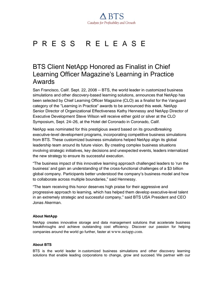 BTS kund i USA nominerad till "Learning in Practice" utnämning av tidningen Chief Learning Officer