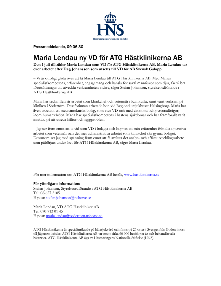 Maria Lendau ny VD för ATG Hästklinikerna AB