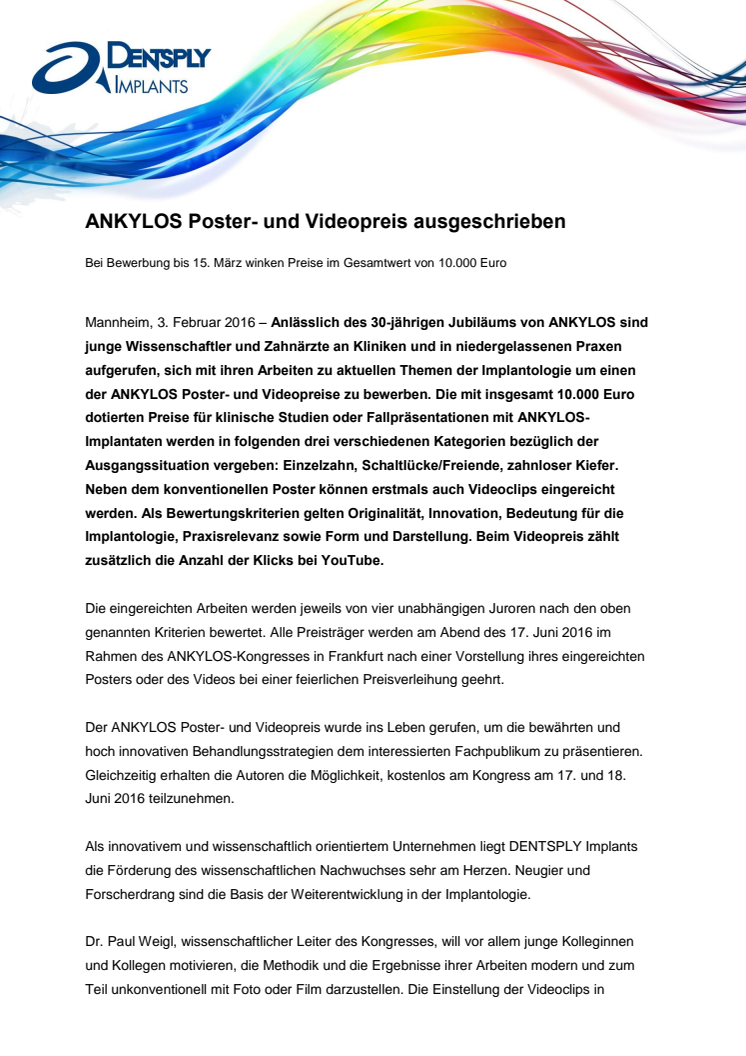 ANKYLOS Poster- und Videopreis ausgeschrieben