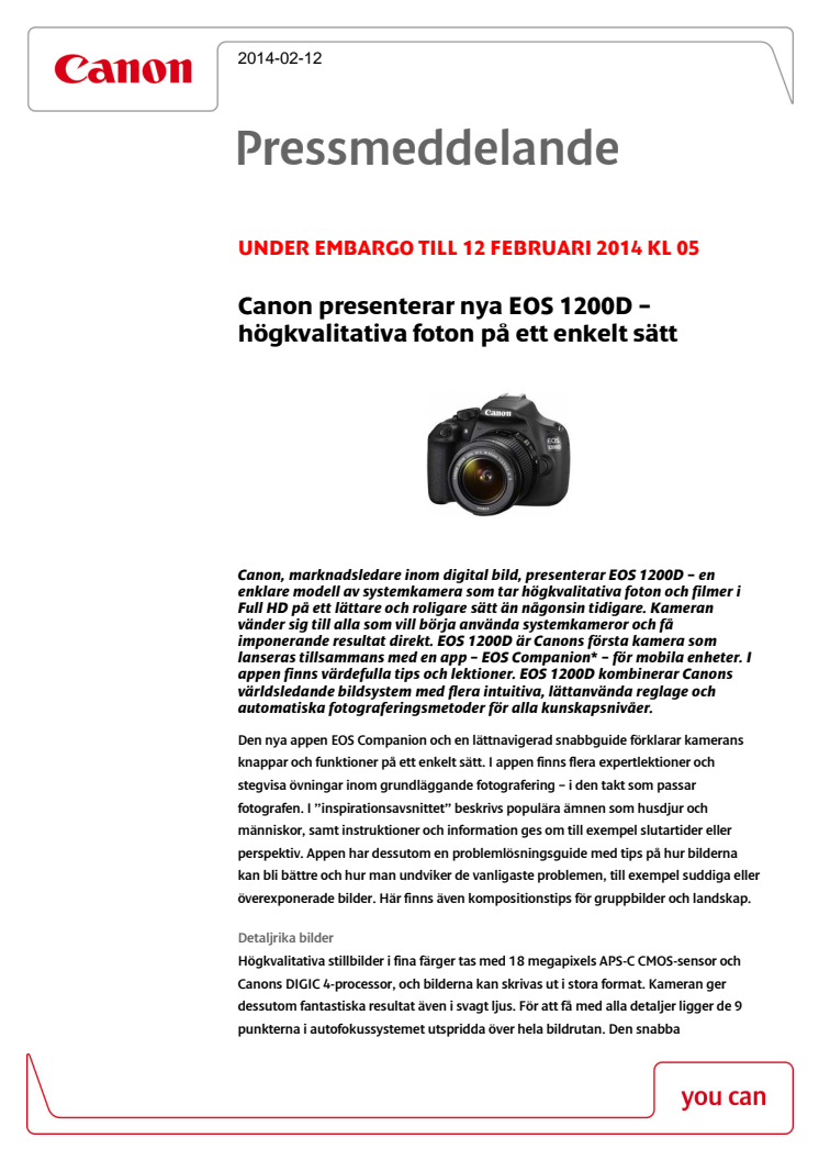Canon presenterar nya EOS 1200D – högkvalitativa foton på ett enkelt sätt