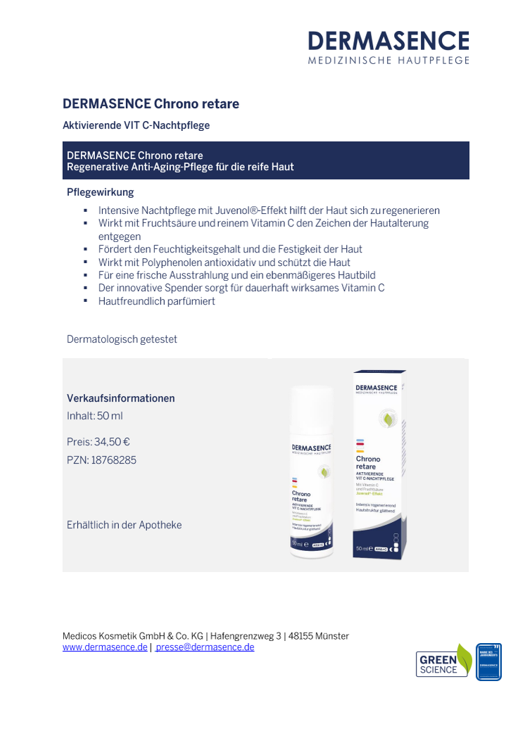 Factsheet DE: DERMASENCE Chrono retare Aktivierende VIT C-Nachtpflege 50 ml