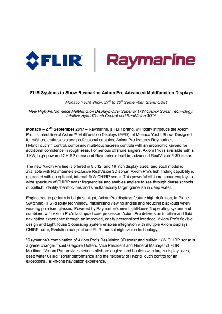 FLIR Systems to Show Raymarine Axiom Pro Advanced Multifunction Displays 