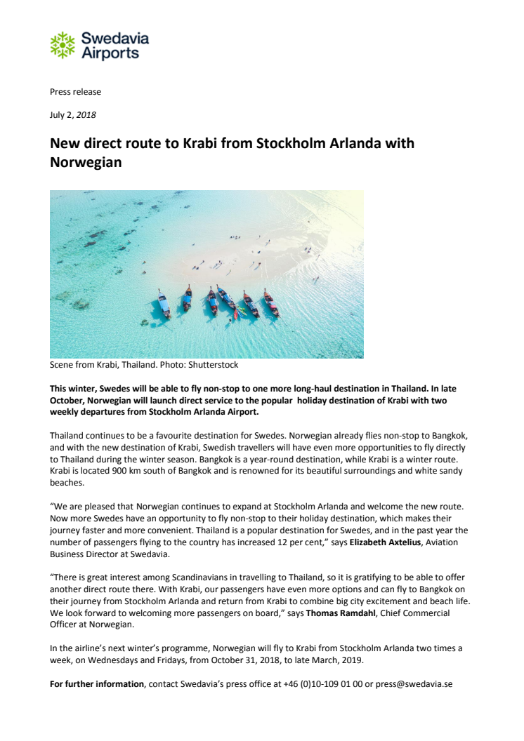 New direct route to Krabi from Stockholm Arlanda with Norwegian 