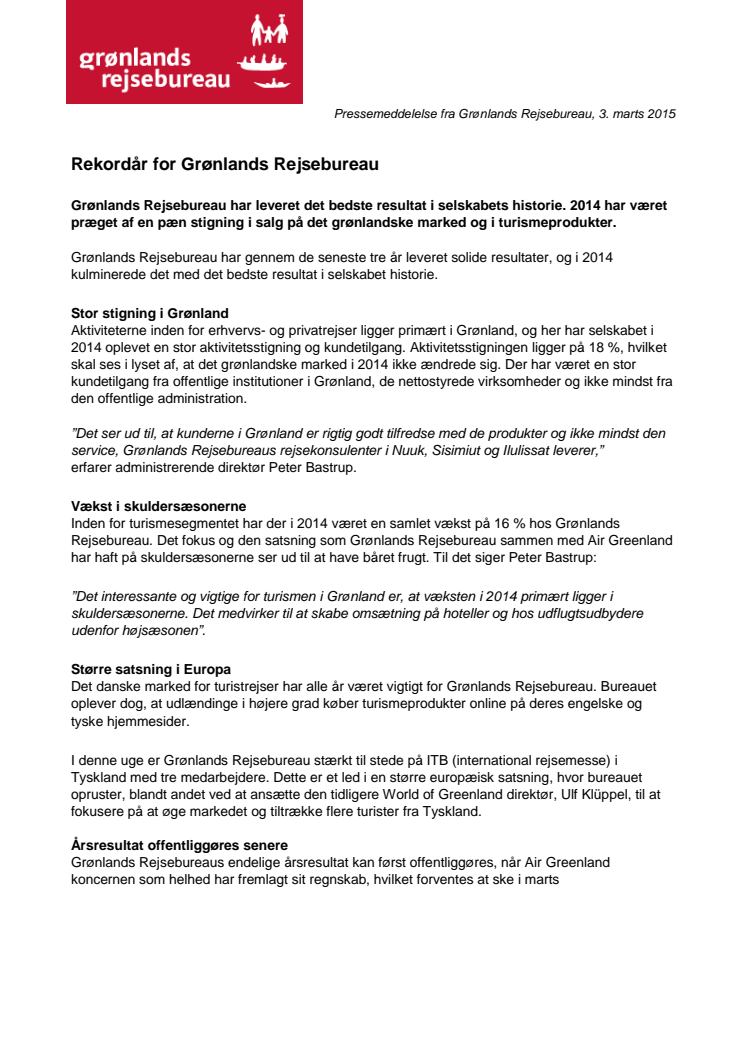 Rekordår for Grønlands Rejsebureau i 2014