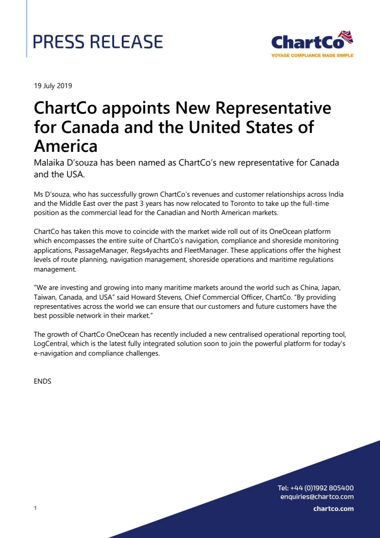 ChartCo appoints New Representative for the Americas Region