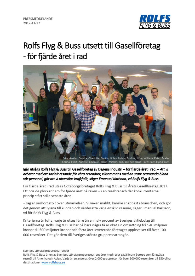Rolfs Flyg & Buss utsett till Gasellföretag - för fjärde året i rad