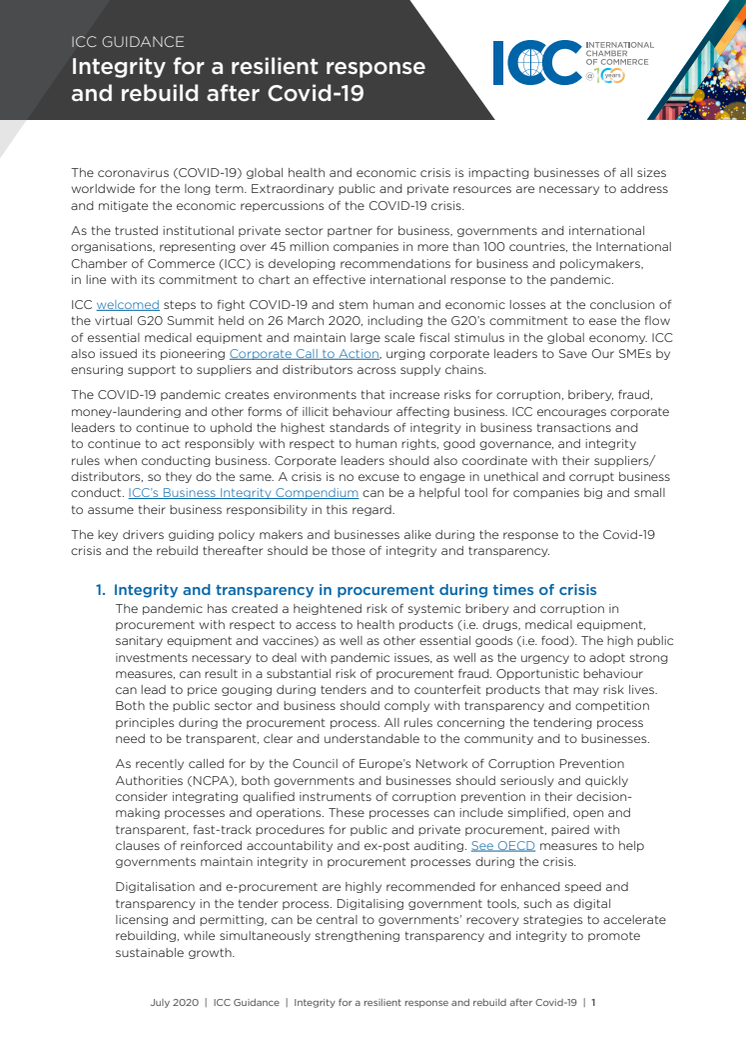 ICC Guidance: Integrity for a resilient response and rebuild after Covid-19