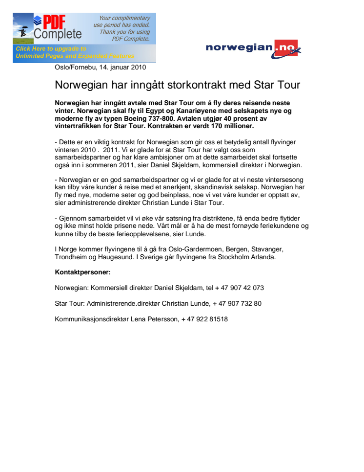 Norwegian har inngått storkontrakt med Star Tour 