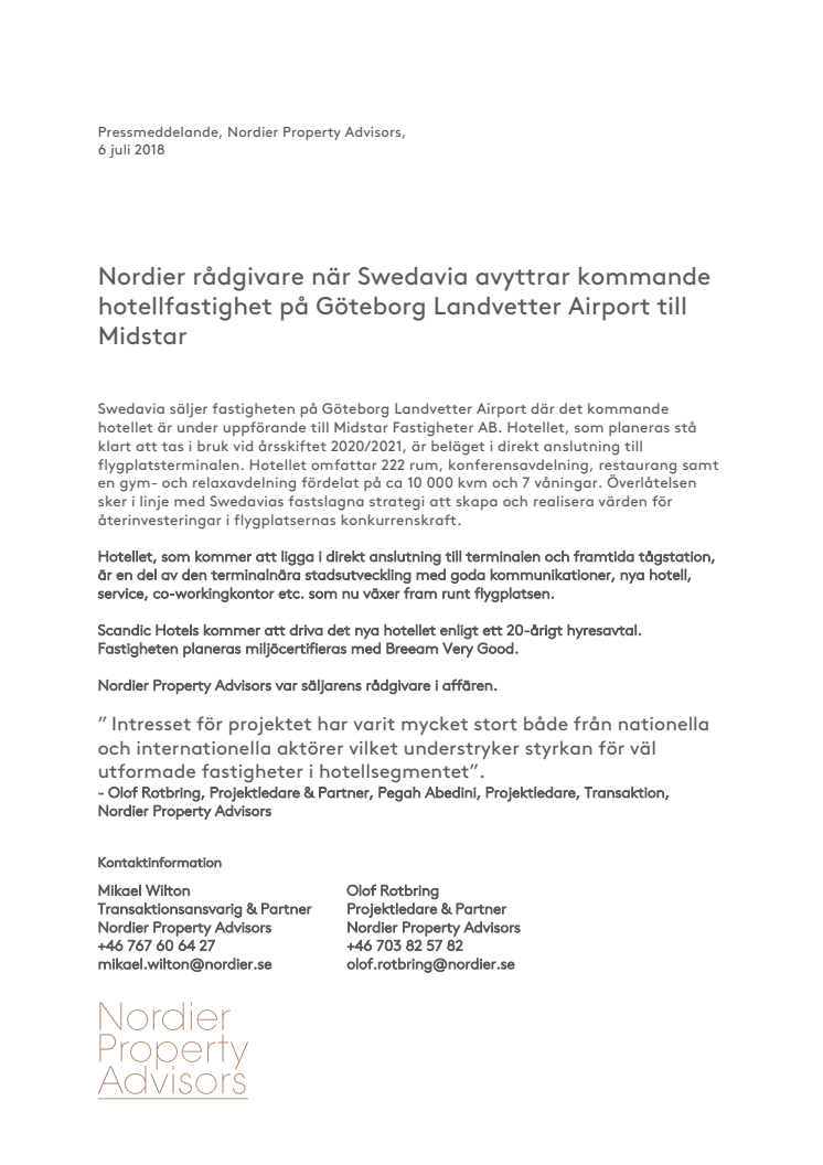 Nordier rådgivare när Swedavia avyttrar kommande hotellfastighet på Göteborg Landvetter Airport till Midstar 