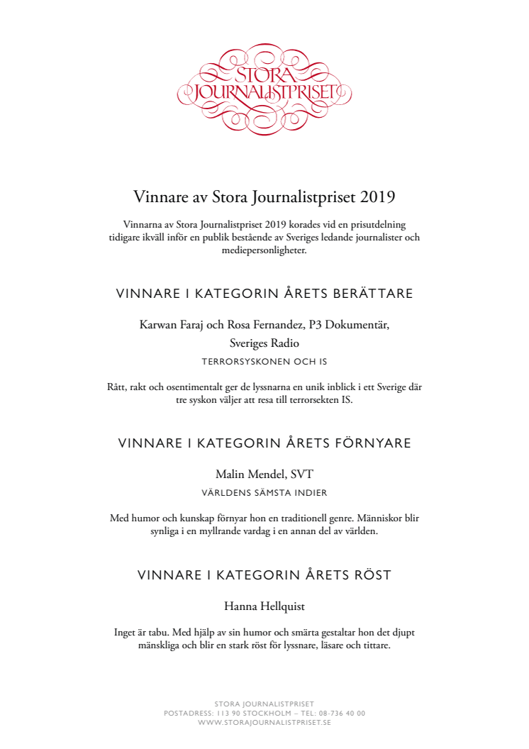 Vinnare av Stora Journalistpriset 2019