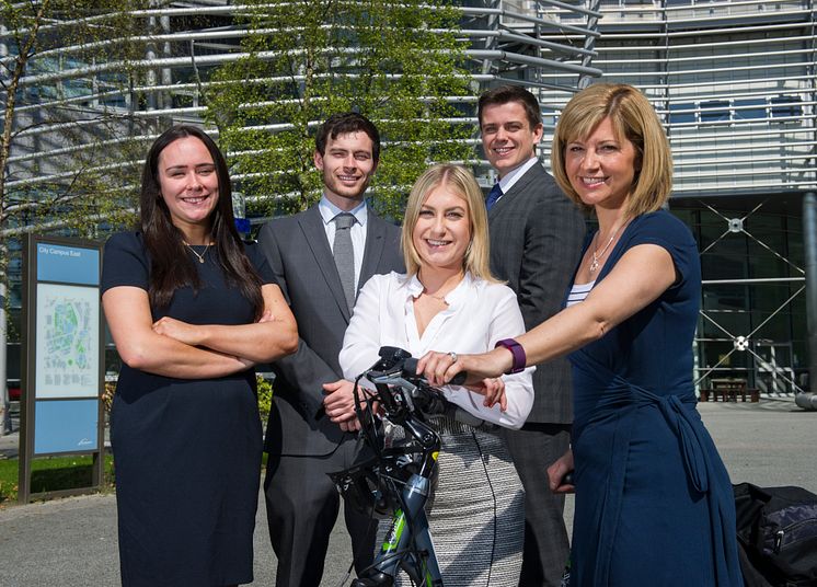 NBS Business Clinic students Aine Connolly, George Allen, Emma Stephenson and William Cooke with Jill Hopkirk from The Cycle Hub.