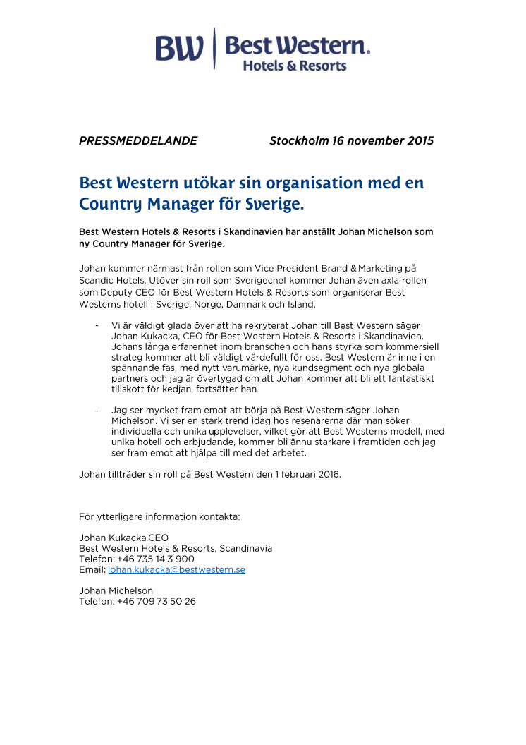Best Western utökar sin organisation med en Country Manager för Sverige.	