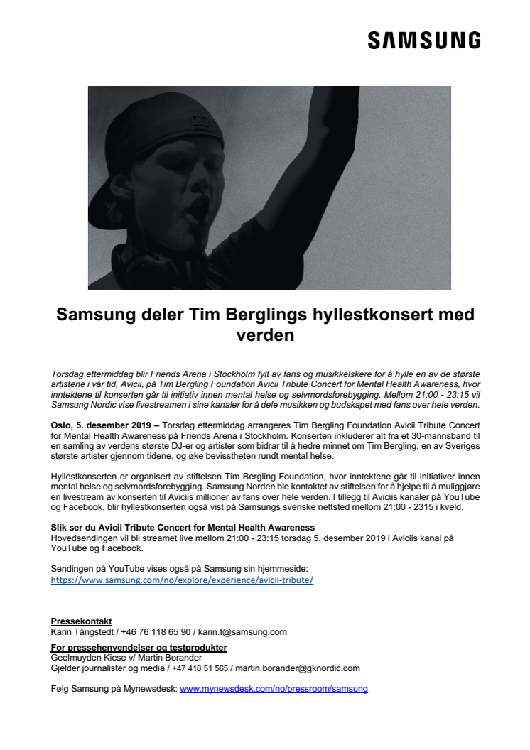 Samsung deler Tim Berglings hyllestkonsert med verden