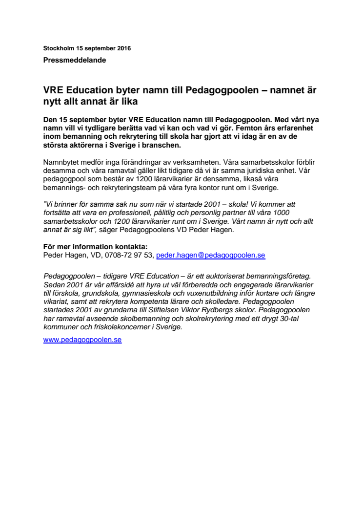 VRE Education byter namn till Pedagogpoolen – namnet är nytt allt annat är lika