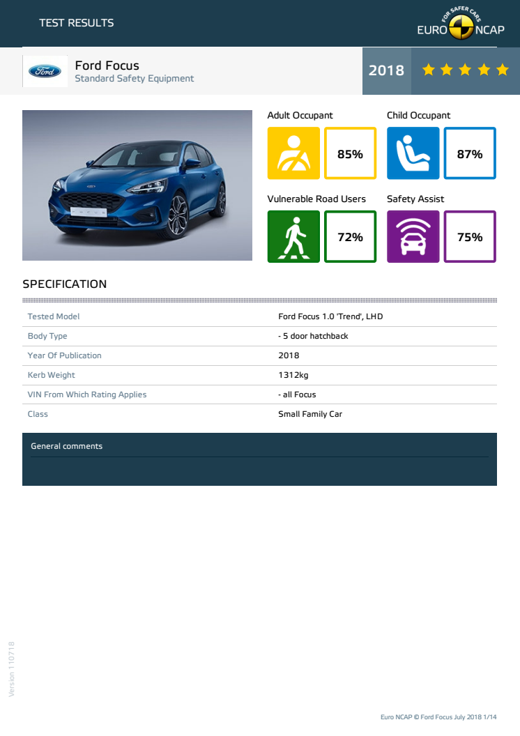 Ford Focus Euro NCAP datasheet - 2018