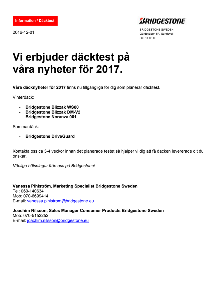 Vi erbjuder däcktest på våra nyheter för 2017.