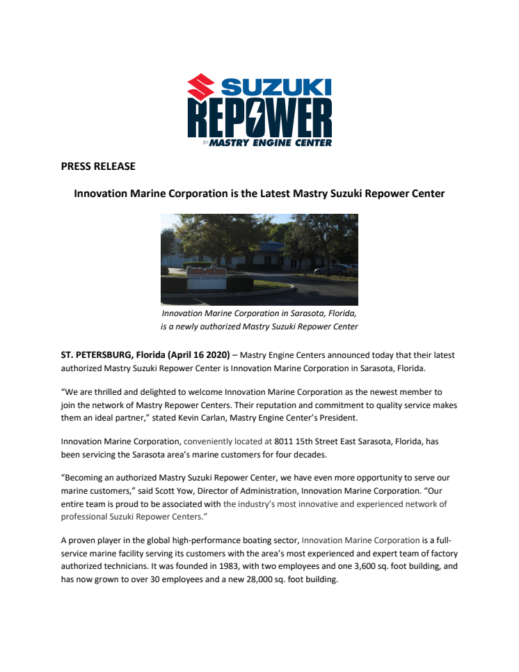 Innovation Marine Corporation is the Latest Mastry Suzuki Repower Center
