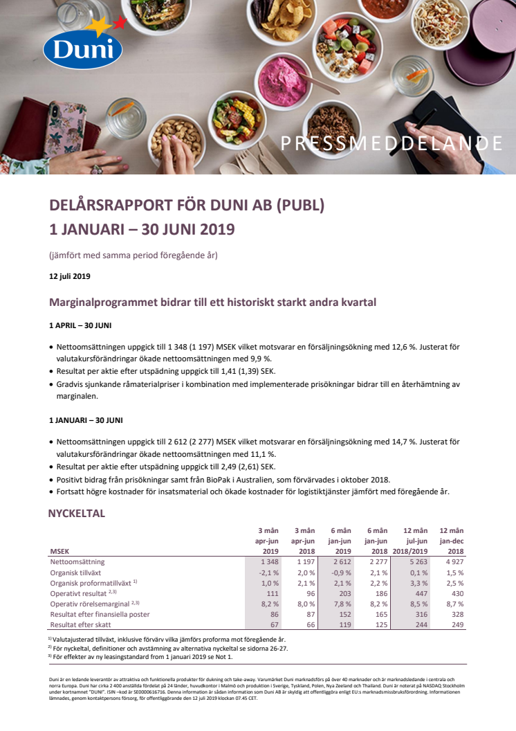Delårsrapport för Duni AB (publ) 1 januari - 30 juni 2019