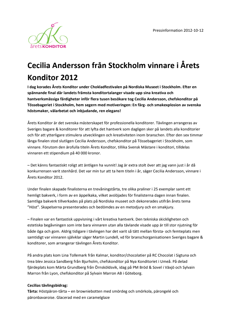 Cecilia Andersson från Stockholm vinnare i Årets Konditor 2012 