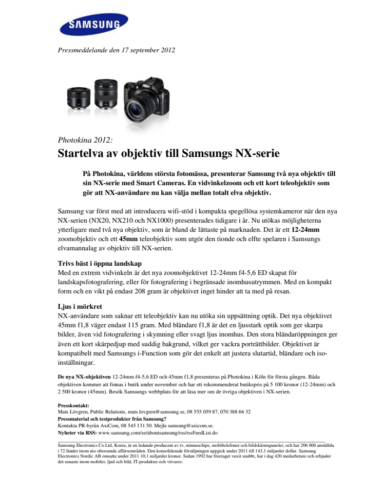 Photokina 2012: Startelva av objektiv till Samsungs NX-serie