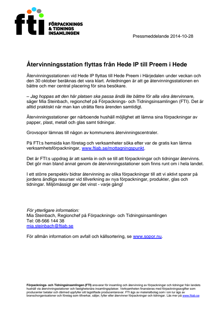Återvinningsstation flyttas från Hede IP till Preem i Hede under veckan
