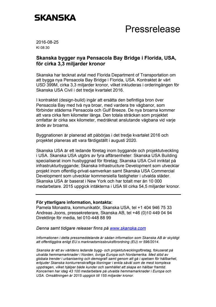 Skanska bygger nya Pensacola Bay Bridge i Florida, USA, för cirka 3,3 miljarder kronor