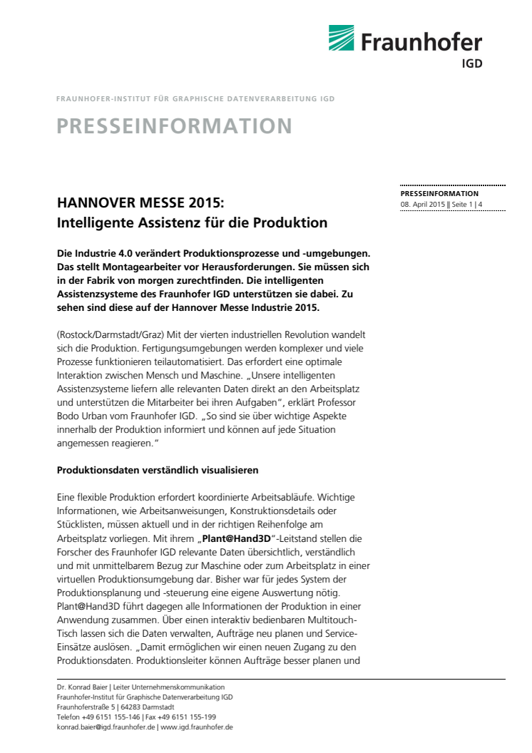 HANNOVER MESSE 2015: Intelligente Assistenz für die Produktion