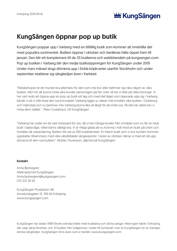 KungSängen öppnar pop up butik