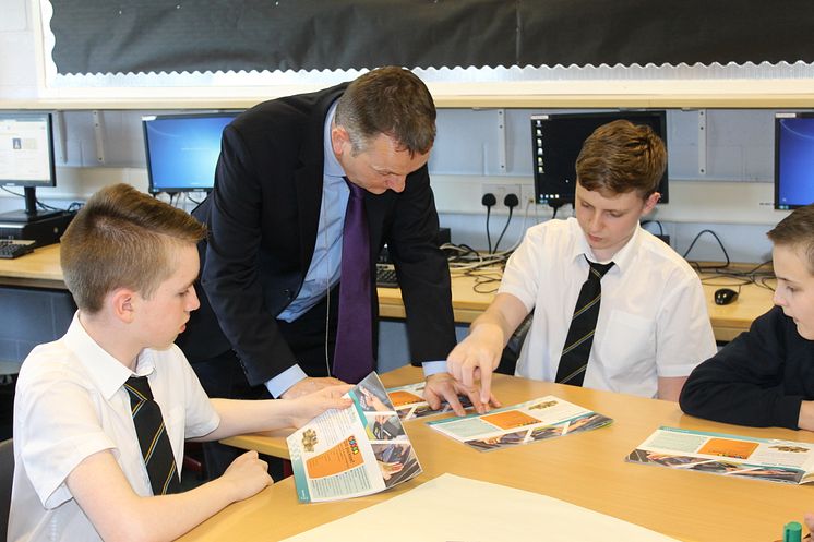 CSEF Schools Liaison Officer Michael Fitzgerald with S3 pupils at Springburn Academy in North Glasgow