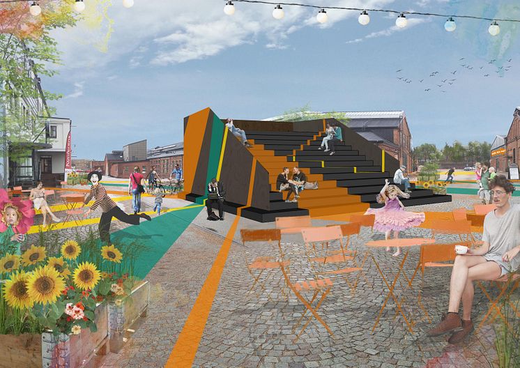 Fotomontage/skiss på torget Innovatum. Bild från Mareld Landskapsarkitekter.