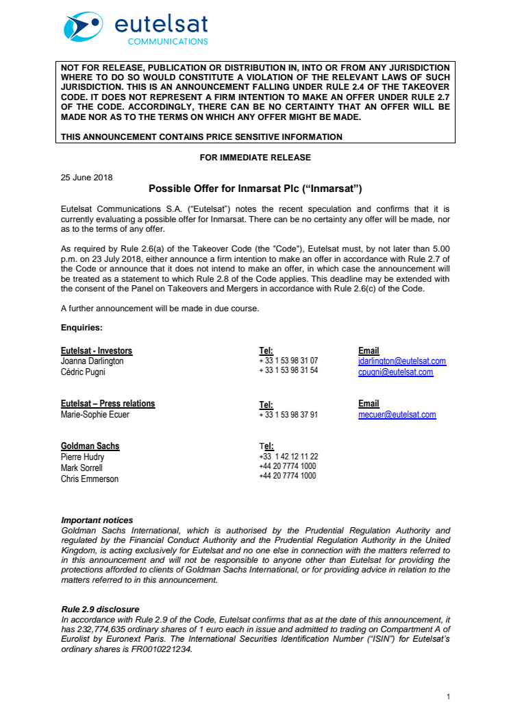 Possible Offer for Inmarsat Plc (“Inmarsat”)