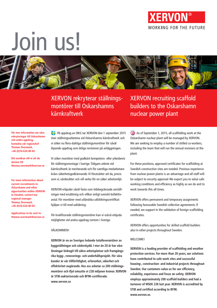 Job opportunities: XERVON recruiting scaffold builders to Oskarshamn, Sweden