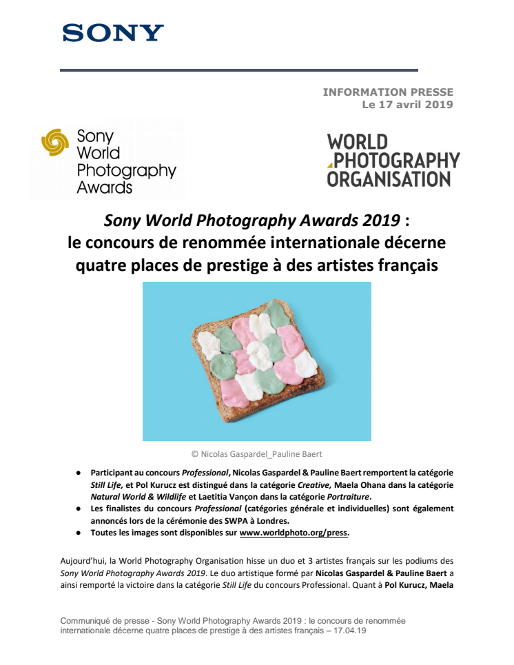 Sony World Photography Awards 2019 :  le concours de renommée internationale décerne quatre places de prestige à des artistes français