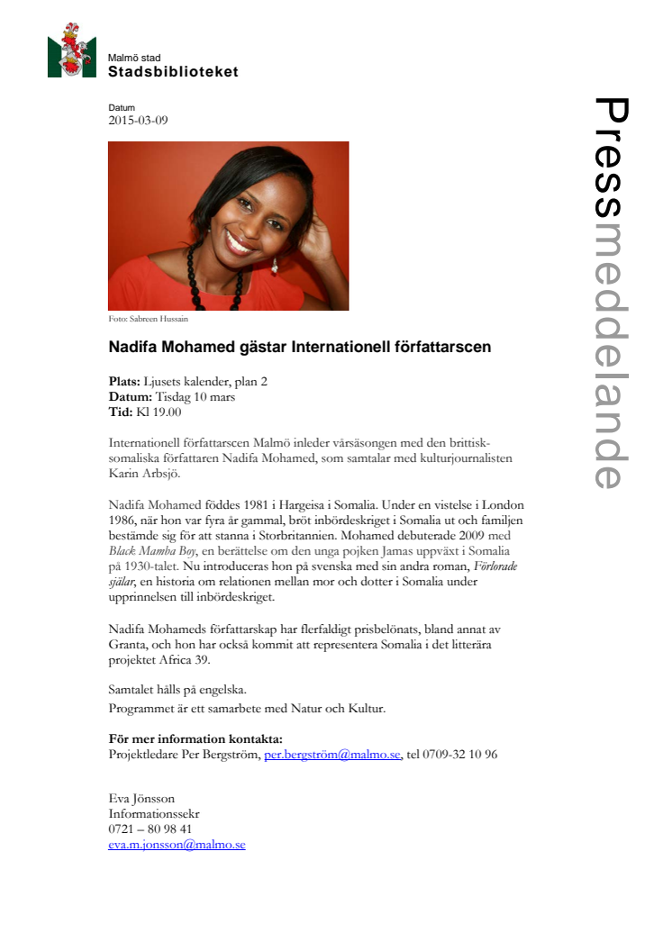 ​Nadifa Mohamed gästar Internationell författarscen 