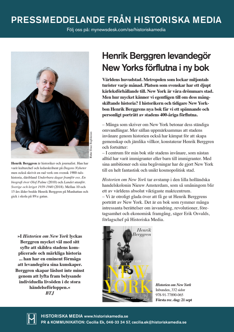 Henrik Berggren levandegör  New Yorks förflutna i ny bok